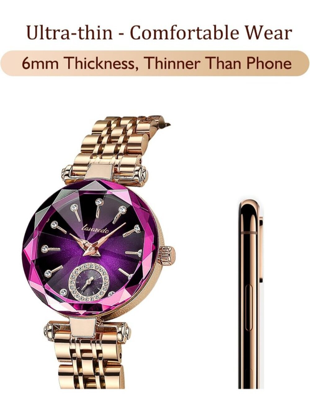 Women Gold Purple Elegant Stainless Steel Analog Creative Diamond Dial Watch - Picture 4 of 7